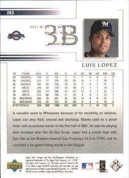 2002 Upper Deck #283 Luis Lopez Back