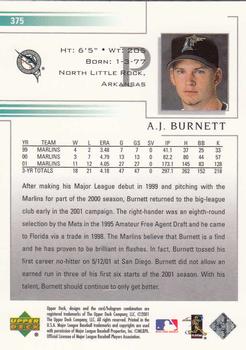2002 Upper Deck #375 A.J. Burnett Back