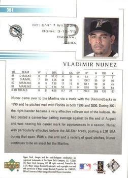 2002 Upper Deck #381 Vladimir Nunez Back