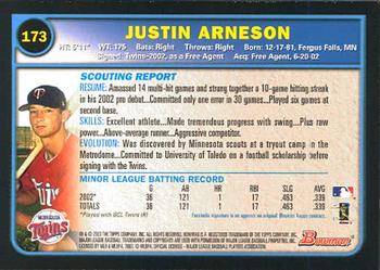 2003 Bowman #173 Justin Arneson Back