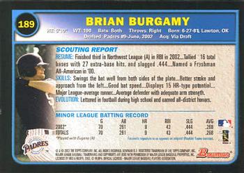 2003 Bowman #189 Brian Burgamy Back