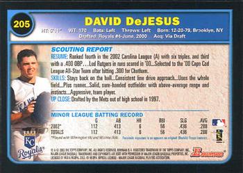 2003 Bowman #205 David DeJesus Back