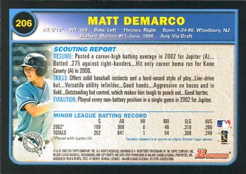 2003 Bowman #206 Matt DeMarco Back
