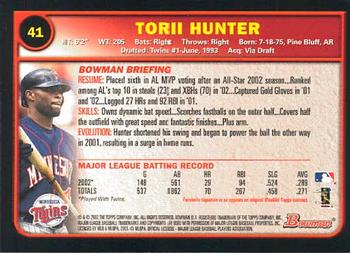 2003 Bowman #41 Torii Hunter Back
