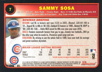 2003 Bowman #7 Sammy Sosa Back