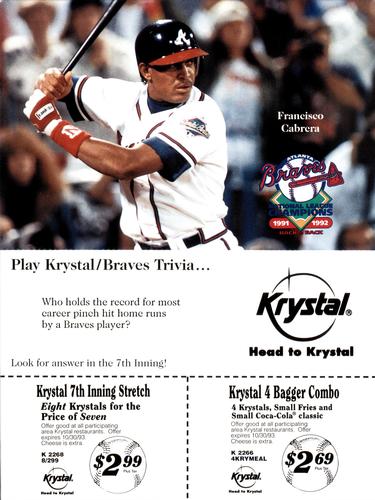 1993 Krystal Atlanta Braves #NNO Francisco Cabrera Front