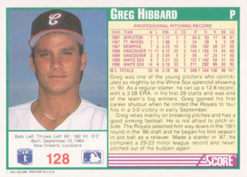 1991 Score #128 Greg Hibbard Back