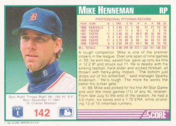 1991 Score #142 Mike Henneman Back