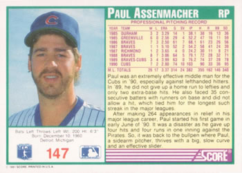 1991 Score #147 Paul Assenmacher Back