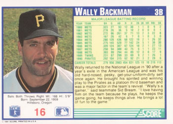 1991 Score #16 Wally Backman Back