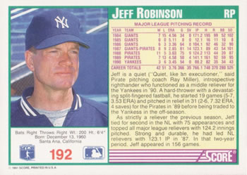 1991 Score #192 Jeff Robinson Back