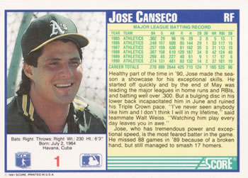 1991 Score #1 Jose Canseco Back