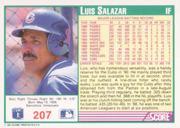 1991 Score #207 Luis Salazar Back