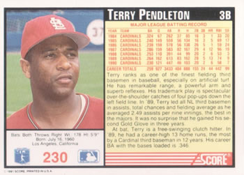 1991 Score #230 Terry Pendleton Back
