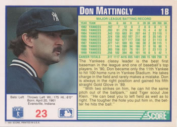 1991 Score #23 Don Mattingly Back