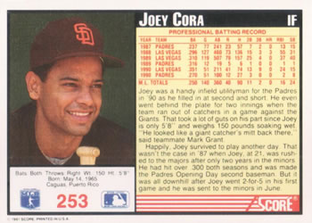 1991 Score #253 Joey Cora Back
