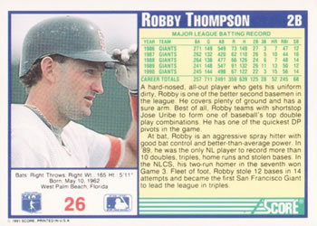1991 Score #26 Robby Thompson Back
