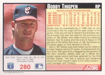 1991 Score #280 Bobby Thigpen Back
