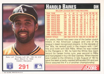 1991 Score #291 Harold Baines Back