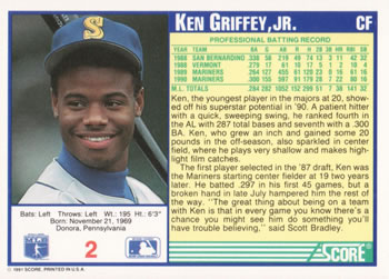 1991 Score #2 Ken Griffey, Jr. Back