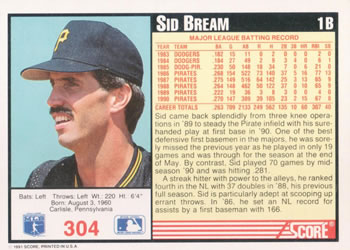 1991 Score #304 Sid Bream Back