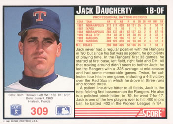 1991 Score #309 Jack Daugherty Back