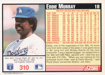 1991 Score #310 Eddie Murray Back