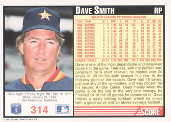 1991 Score #314 Dave Smith Back