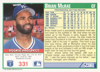 1991 Score #331 Brian McRae Back