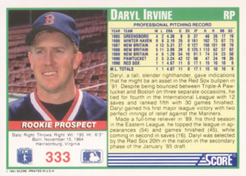 1991 Score #333 Daryl Irvine Back