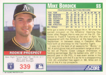 1991 Score #339 Mike Bordick Back