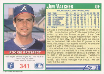 1991 Score #341 Jim Vatcher Back