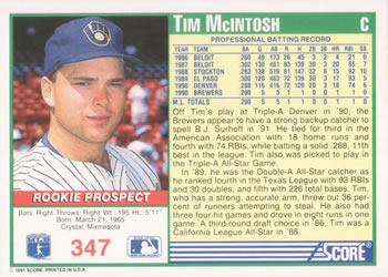 1991 Score #347 Tim McIntosh Back