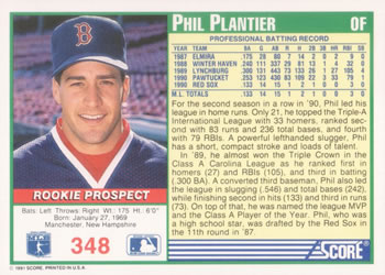 1991 Score #348 Phil Plantier Back