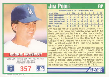 1991 Score #357 Jim Poole Back