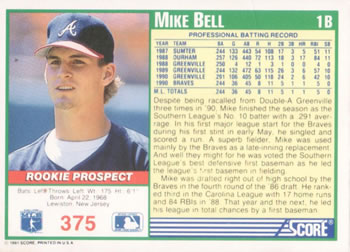 1991 Score #375 Mike Bell Back