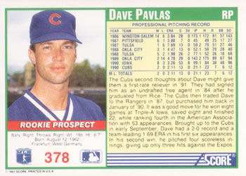 1991 Score #378 Dave Pavlas Back