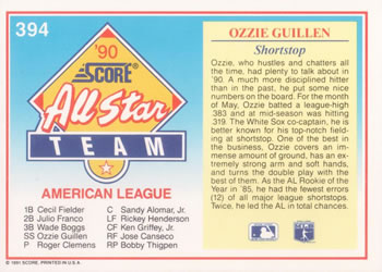 1991 Score #394 Ozzie Guillen Back