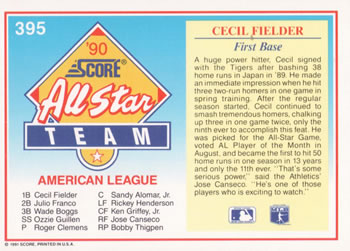 1991 Score #395 Cecil Fielder Back