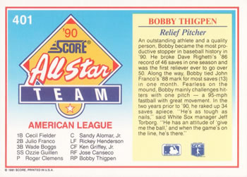 1991 Score #401 Bobby Thigpen Back