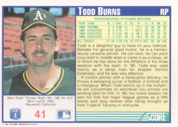1991 Score #41 Todd Burns Back