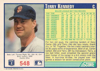1991 Score #548 Terry Kennedy Back