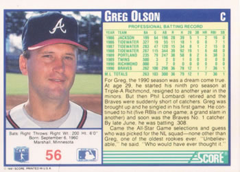 1991 Score #56 Greg Olson Back