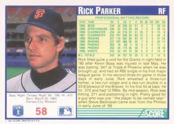 1991 Score #58 Rick Parker Back