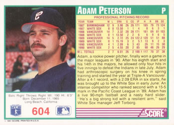 1991 Score #604 Adam Peterson Back