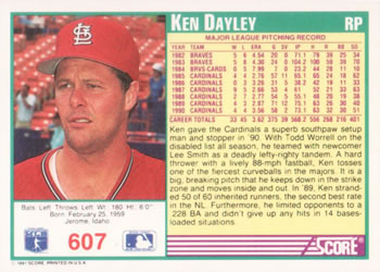 1991 Score #607 Ken Dayley Back