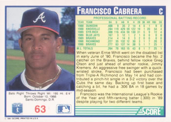 1991 Score #63 Francisco Cabrera Back