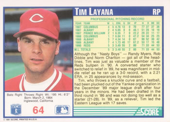 1991 Score #64 Tim Layana Back