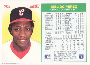 1991 Score #705 Melido Perez Back