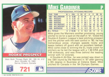 1991 Score #721 Mike Gardiner Back